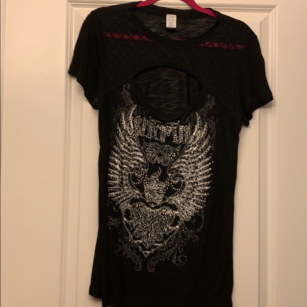 Sinful shirt with open hole and rhinestones